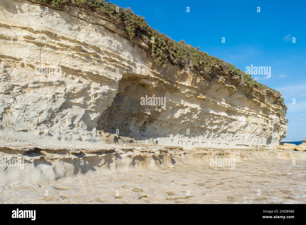 Limestone cliff, notch, wavecut platform along the coast of Delimara