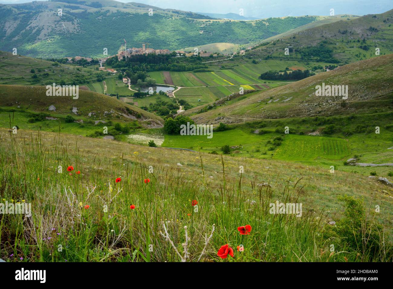 Mountain landscape at Gran Sasso Natural Park, in Abruzzo, Italy, L Aquila province, at springtime (June). View of Santo Stefano di Sessanio, historic Stock Photo
