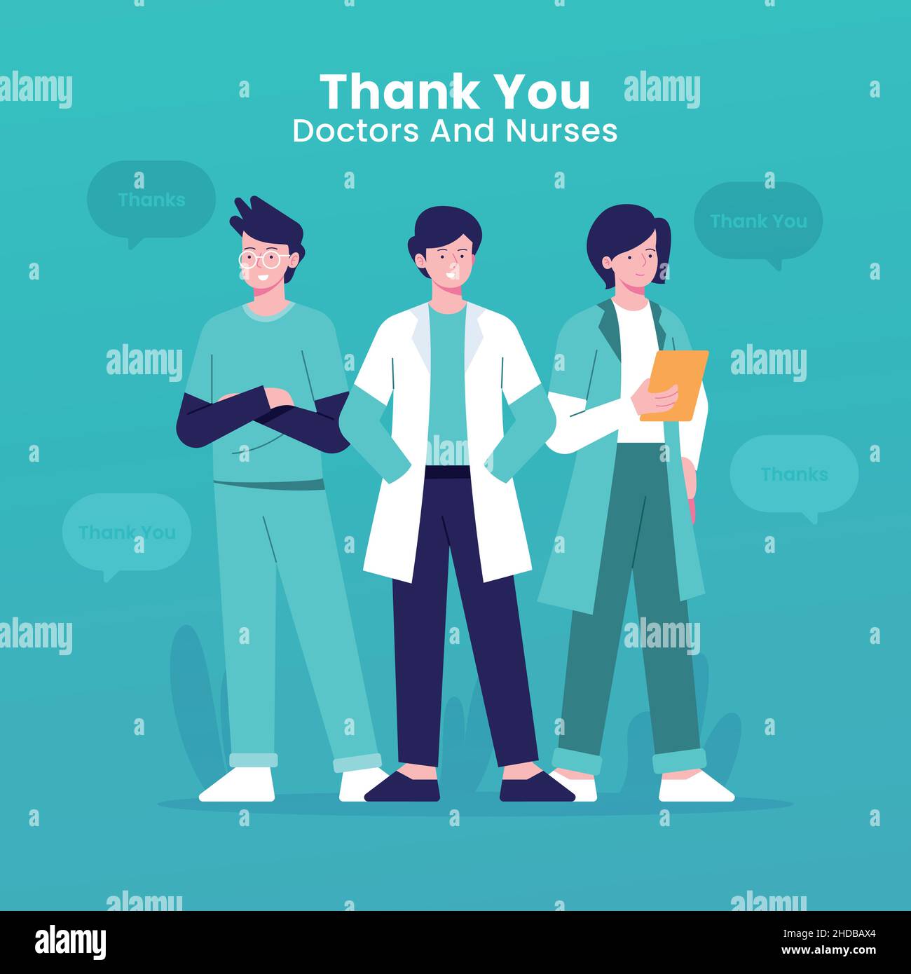 Thank you doctors and nurses. Thank you brave healthcare workers. Doctor is a hero. Medical personnel team for fighting the coronavirus. Stock Vector