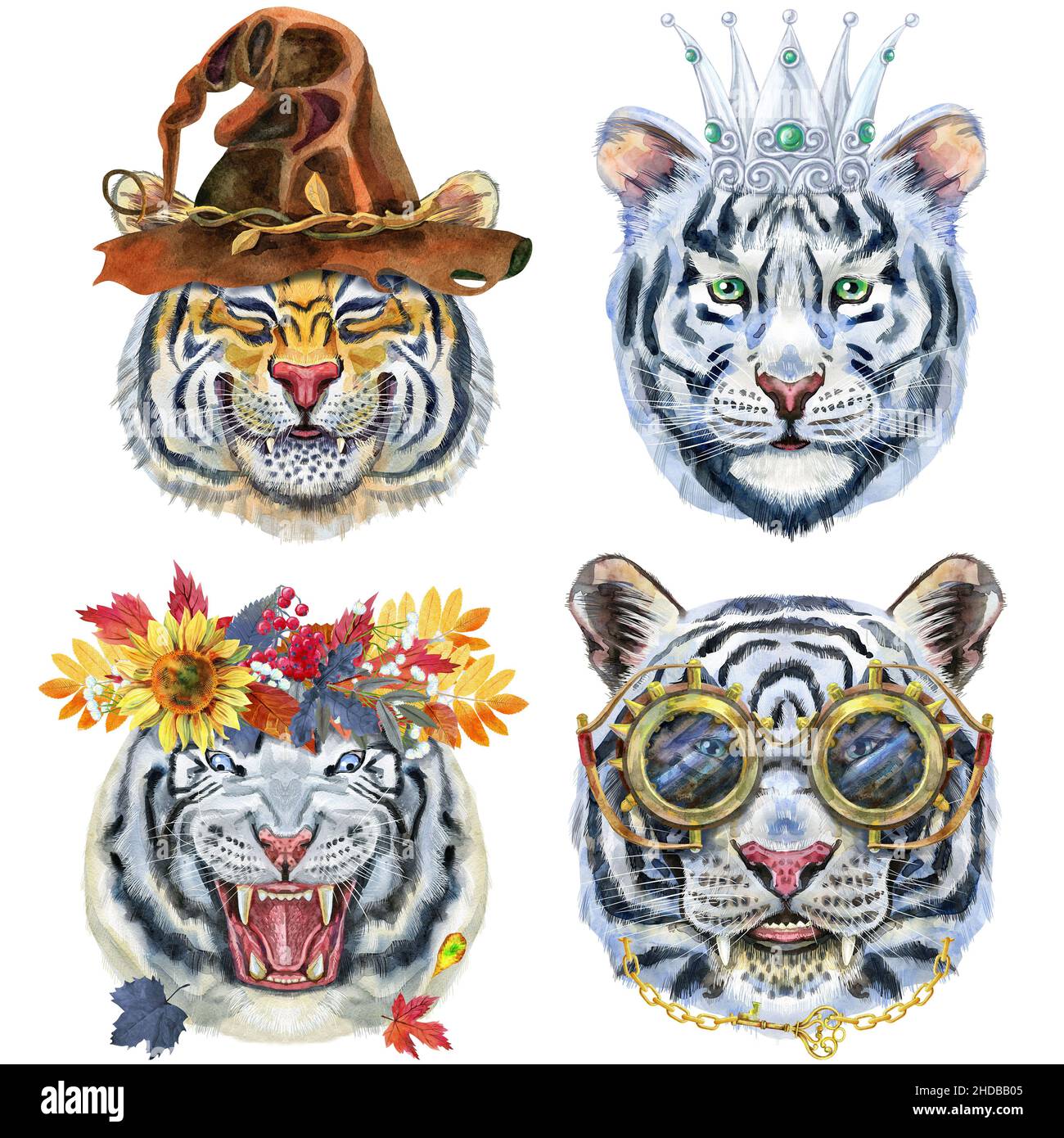 Watercolor illustration of tigers in silver crown, goggles, witch hat and autumn wreath Stock Photo