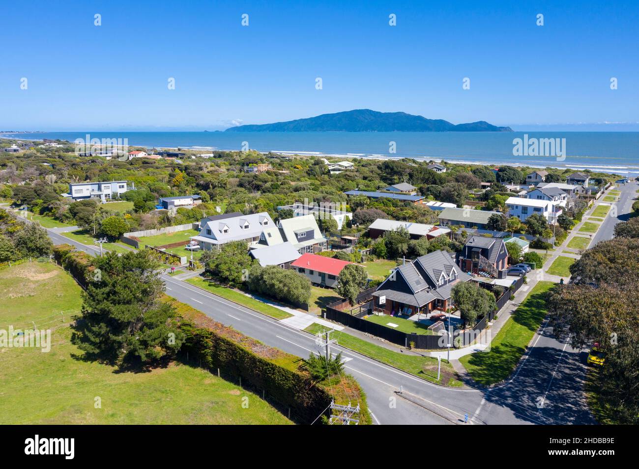 aerial shot Peka Peka village also showing kapiti Island Stock Photo Alamy