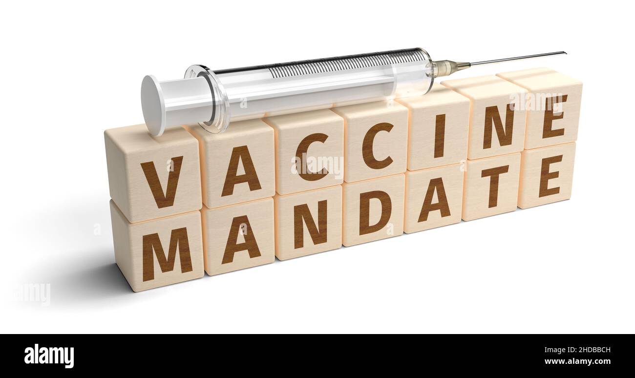 The words 'vaccine mandate' built from letters on wooden cubes. A syringe on top. Isolated on pure white. Stock Photo