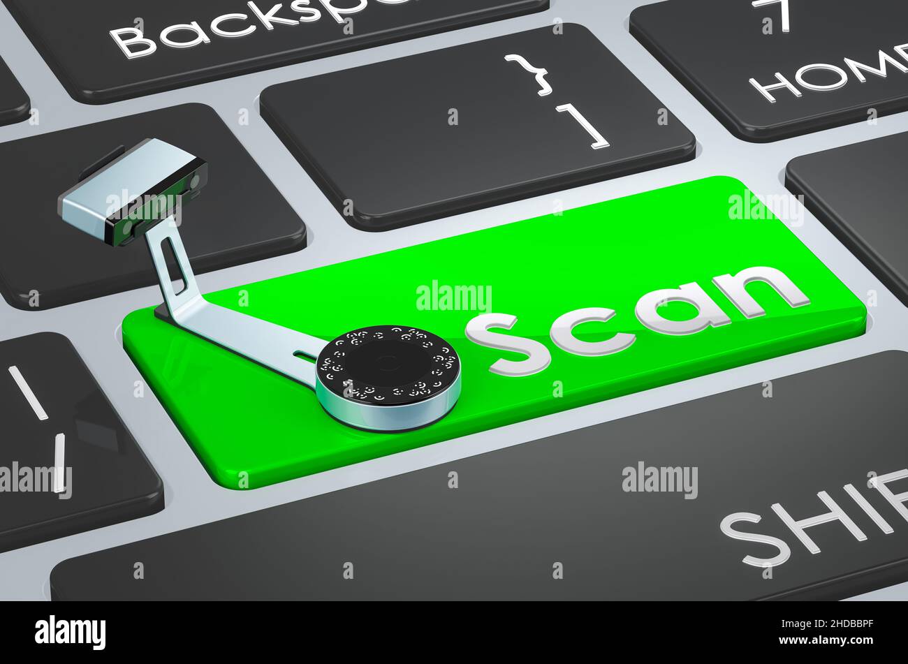 Scan green key. 3D scanner on keyboard. 3D rendering Stock Photo Alamy