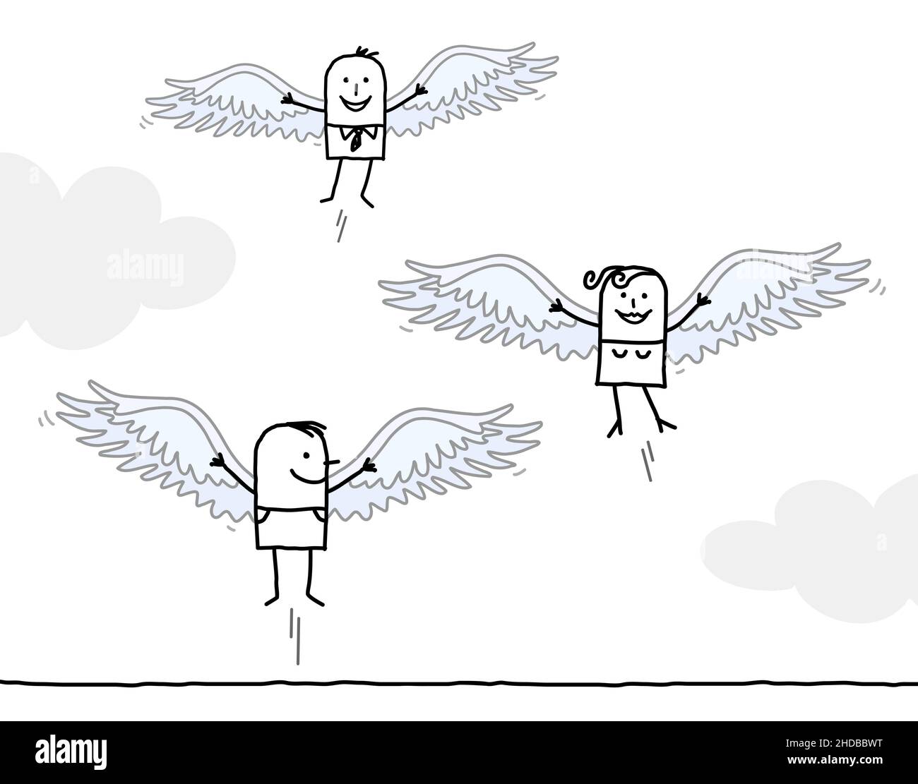 Hand drawn cartoon free People Flying with Wings Stock Vector