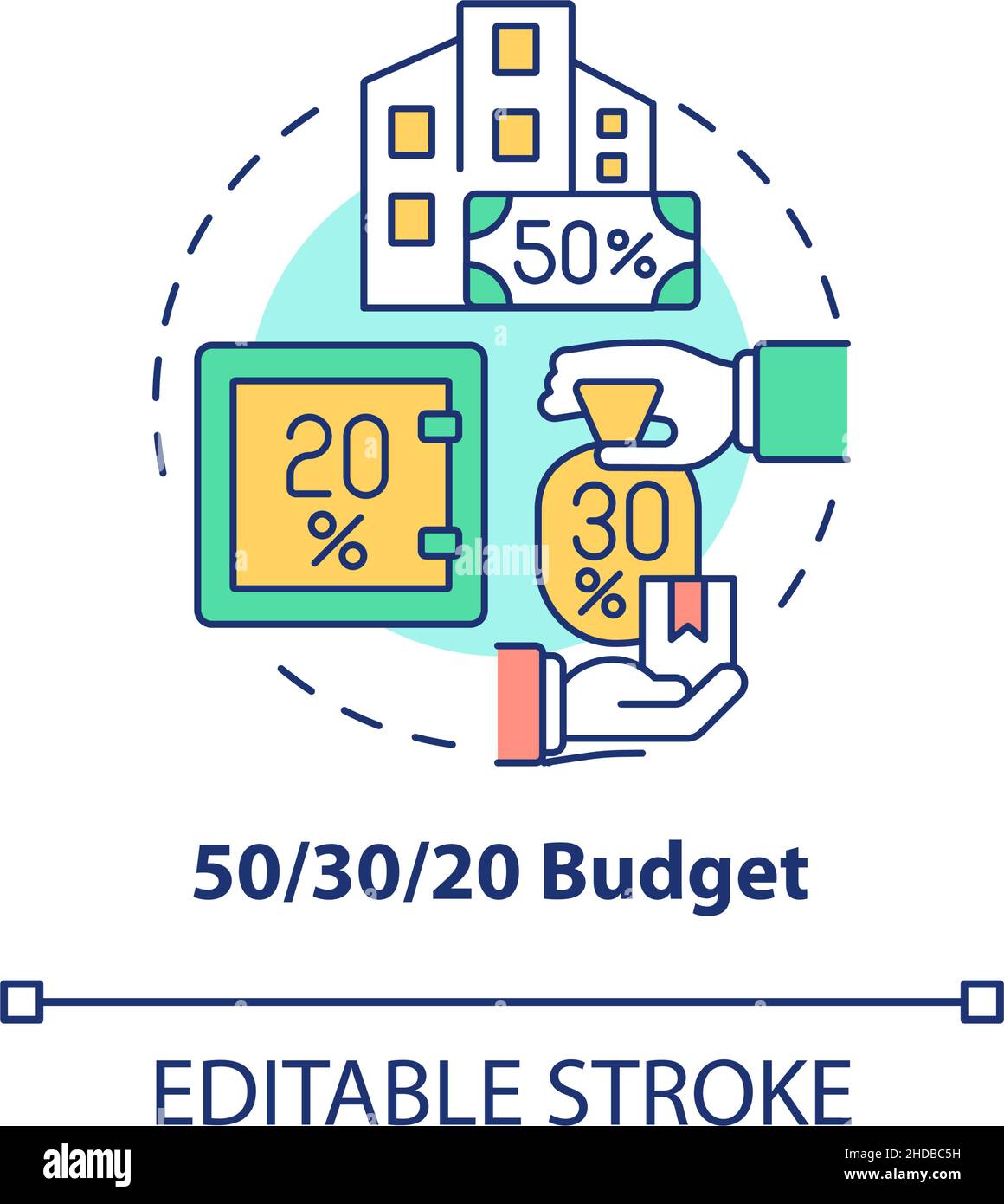 Fifty thirty twenty rule budget concept icon Stock Vector