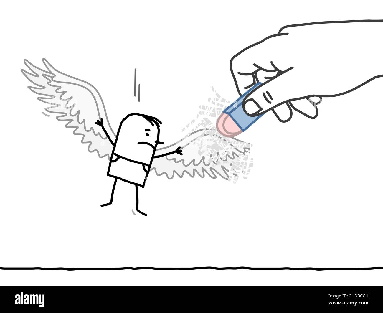 Hand drawn big Hand, Erasing the Wings of a Cartoon Man Stock Vector