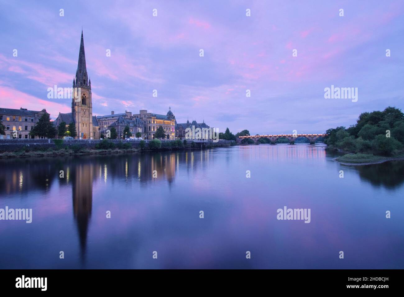 View of St Matthew's Church overlooking the River Tay. Perth, Scotland. Stock Photo