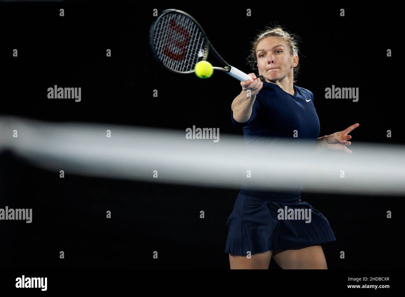 SIMONA HALEP (ROU) and NURIA PARRIZAS DIAZ (ESP) in action at the 2022 Melbourne Summer Set on Wednesday January 2022,  Melbourne Park Stock Photo