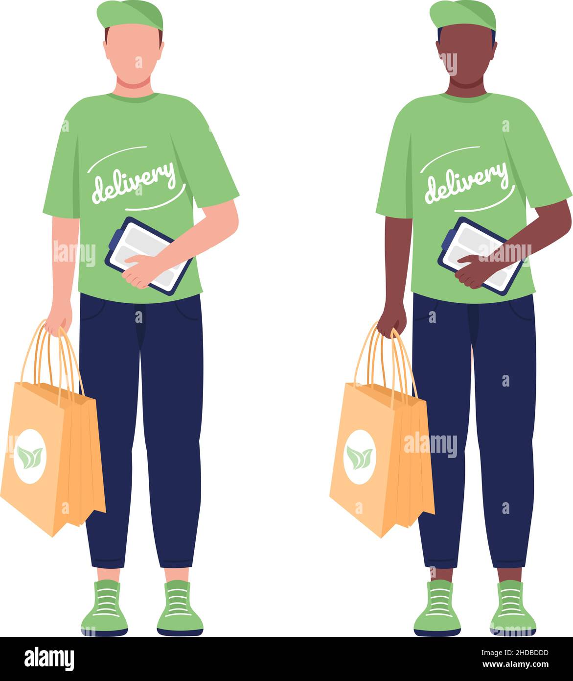 Delivery man with eco package semi flat color vector character set Stock Vector