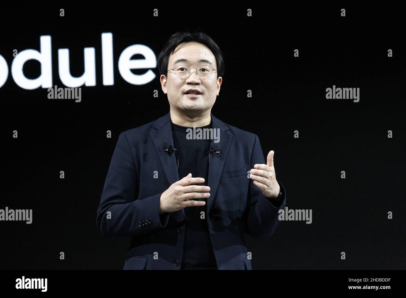 Las Vegas, United States. 05th Jan, 2022. Dong Jin Hyun, Vice President and Head of Robotics Lab, Hyundai Motor Company speaks on stage during a press conference at the 2022 International CES, at the Mandalay Bay Convention Center in Las Vegas, Nevada on Tuesday, January 4, 2022. Photo by James Atoa/UPI Credit: UPI/Alamy Live News Stock Photo