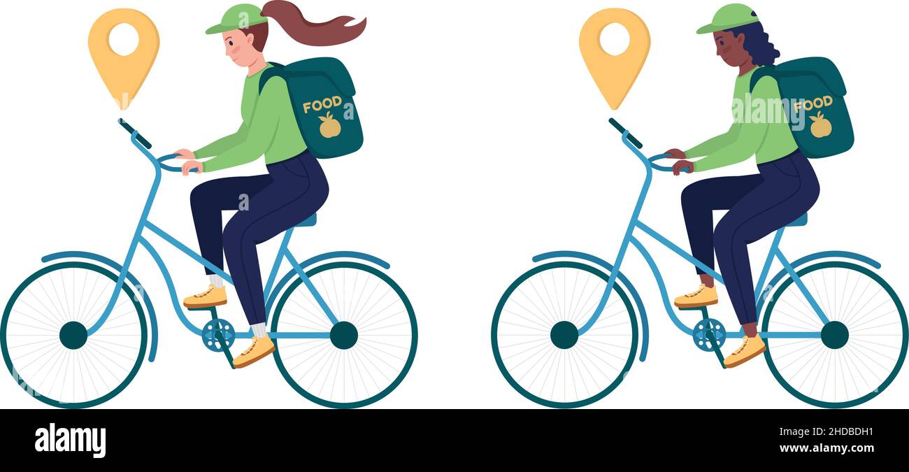 Delivery woman on bike semi flat color vector character set Stock Vector