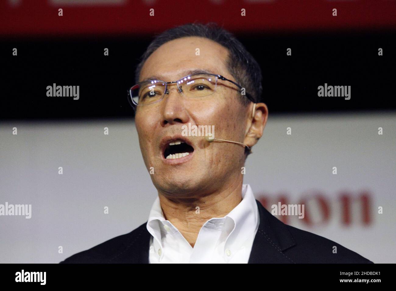 Las Vegas, United States. 05th Jan, 2022. Kazuto Ogawa, President and Chief Executive Officer, Canon U.S.A speaks on stage during a media conference at the 2022 International CES, at the Mandalay Bay Convention Center in Las Vegas, Nevada on Tuesday, January 4, 2022. Photo by James Atoa/UPI Credit: UPI/Alamy Live News Stock Photo