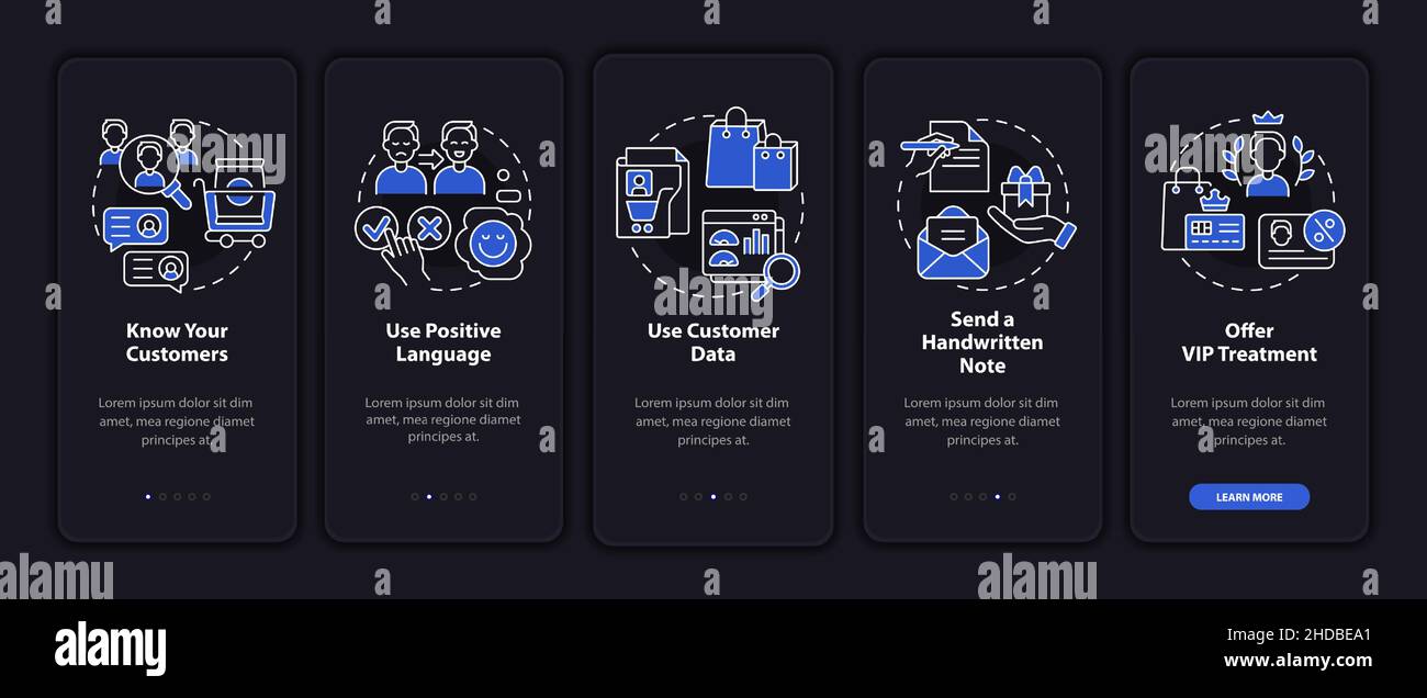 Customer assistance tips night mode onboarding mobile app screen Stock ...