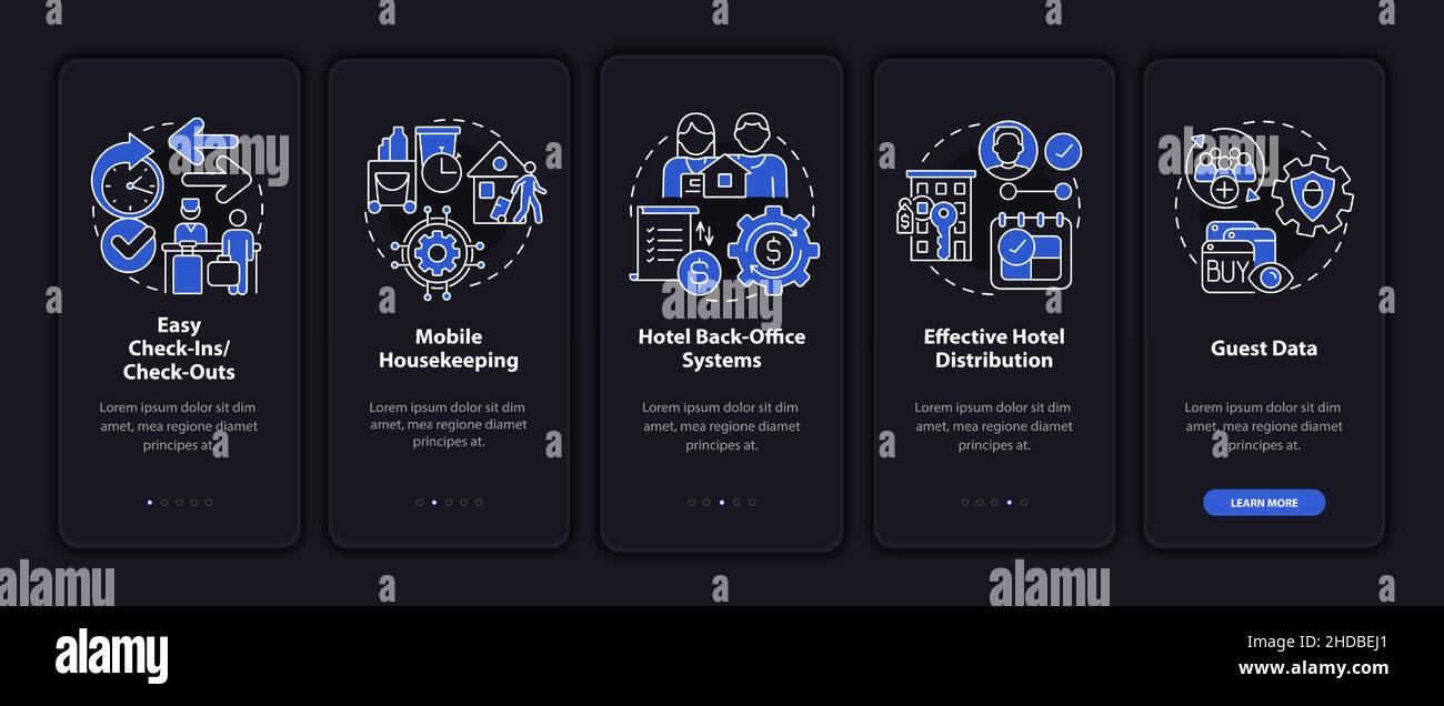 Property management systems night mode onboarding mobile app screen Stock Vector