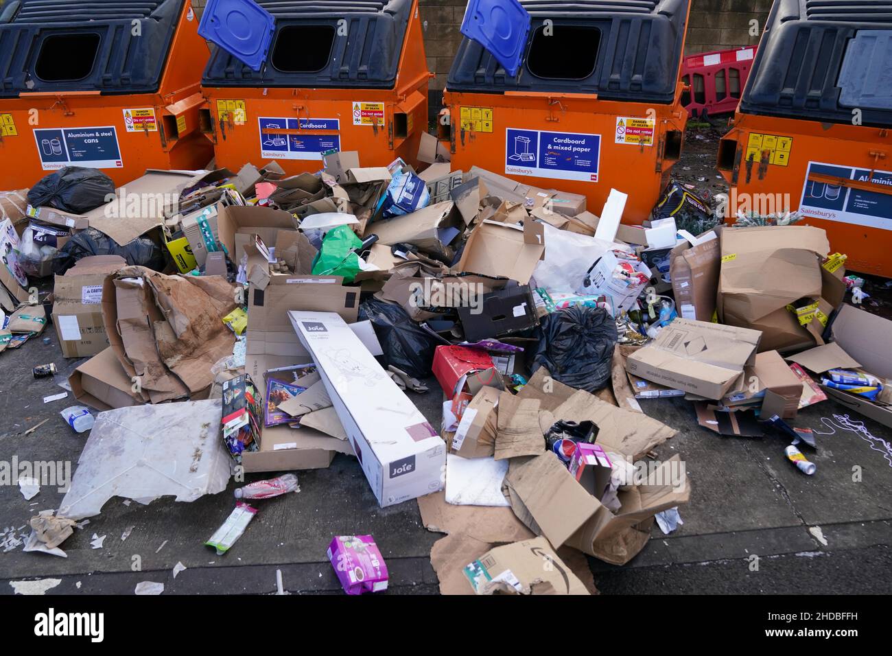 Rubbish waiting to be collected from a recycling centre in Birmingham. Covid-related staff shortages across England are causing 'terrible' rubbish collection delays with bins in some areas left 'overflowing' with waste from the festive period. Picture date: Wednesday January 5, 2022. Stock Photo