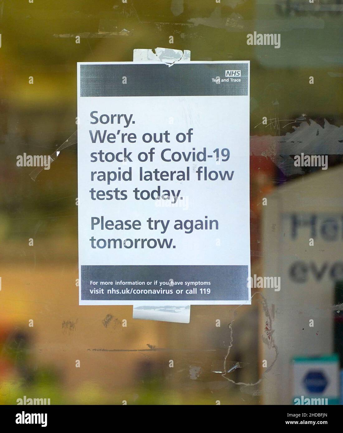 A sign informing customers that there are no lateral flow test (LFT