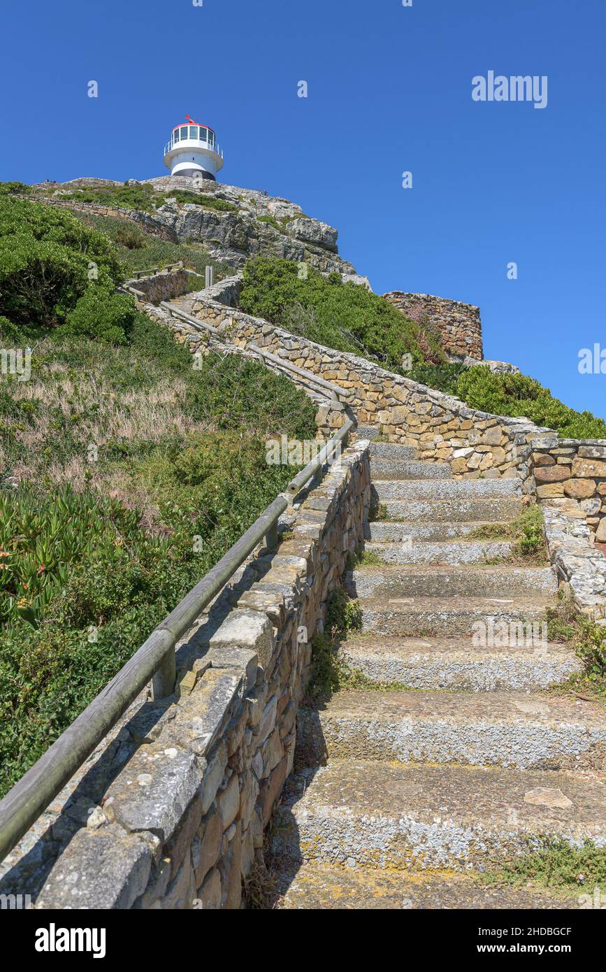 CAPE POINT, SOUTH AFRICA - DEC 23, 2021: Steps leading to the old lighthouse at Cape Point in the Table Mountain National Park Stock Photo