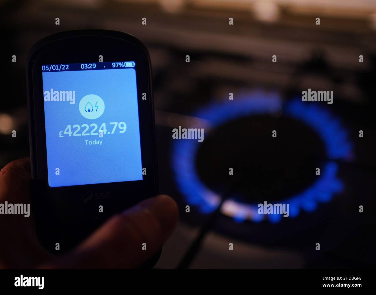A handheld SSE smart meter for electricty and gas showing a faulty reading at a home in London. Picture date: Wednesday January 5, 2022. Stock Photo