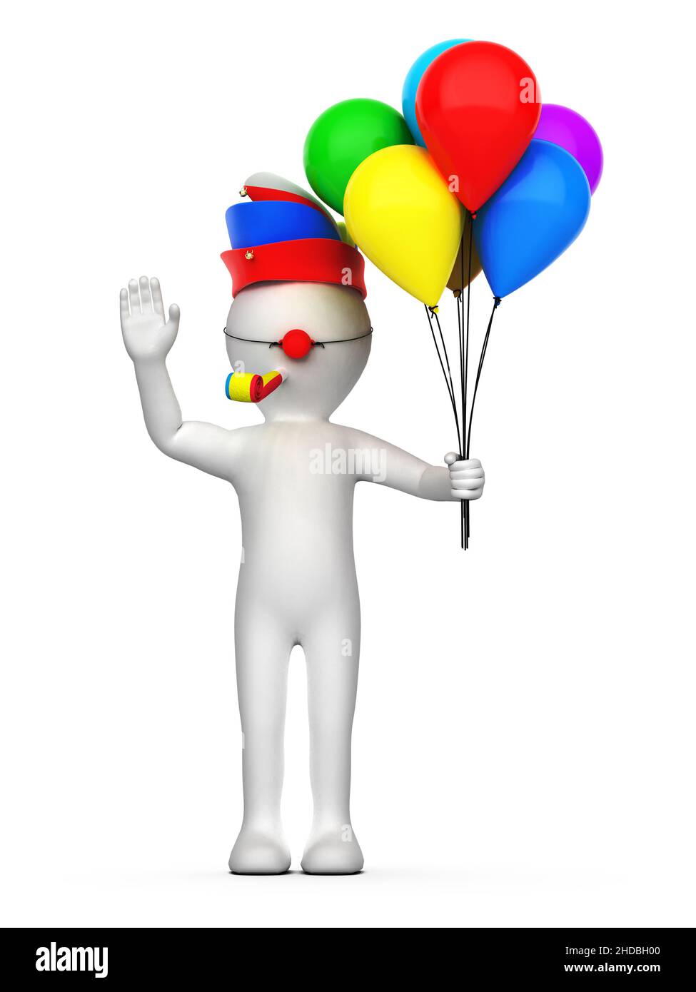 White cartoon character with colorful balloons, carnival cap and red nose as a clown, isolated on white background, 3D rendering Stock Photo