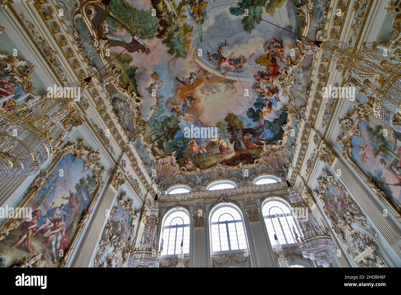 Munich, Germany: elaborately painted ceiling of the festival hall (Nymphenburg Palace). Stock Photo