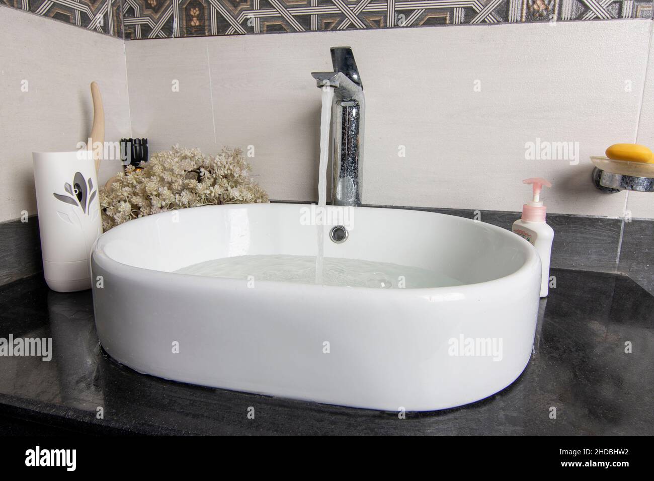 Closeup view of Vanity Sink in modern Washroom. Stock Photo