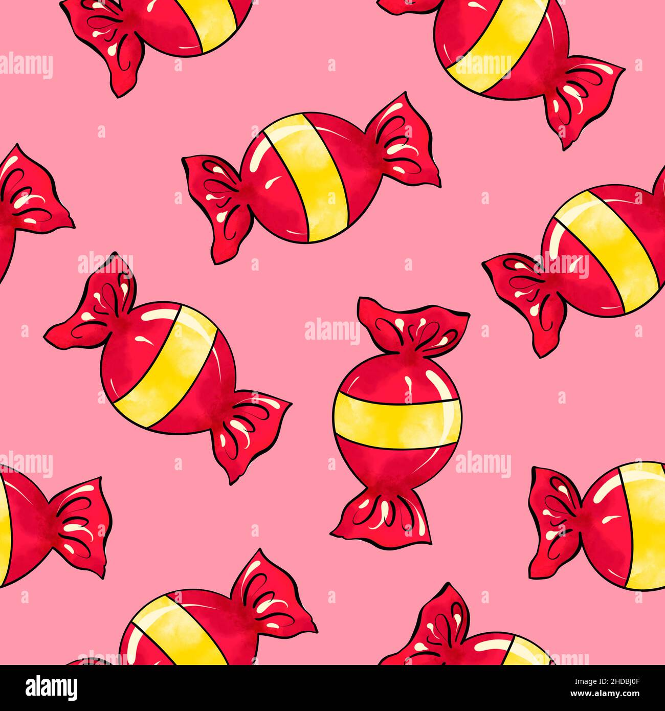 Seamless raster pattern of candy wrapped in red color with yellow stripe on pink background. High quality illustration Stock Photo