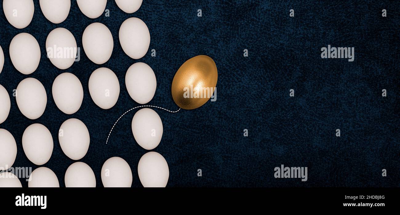 A golden egg changing the way to opposite direction than rest of the world. Stock Photo