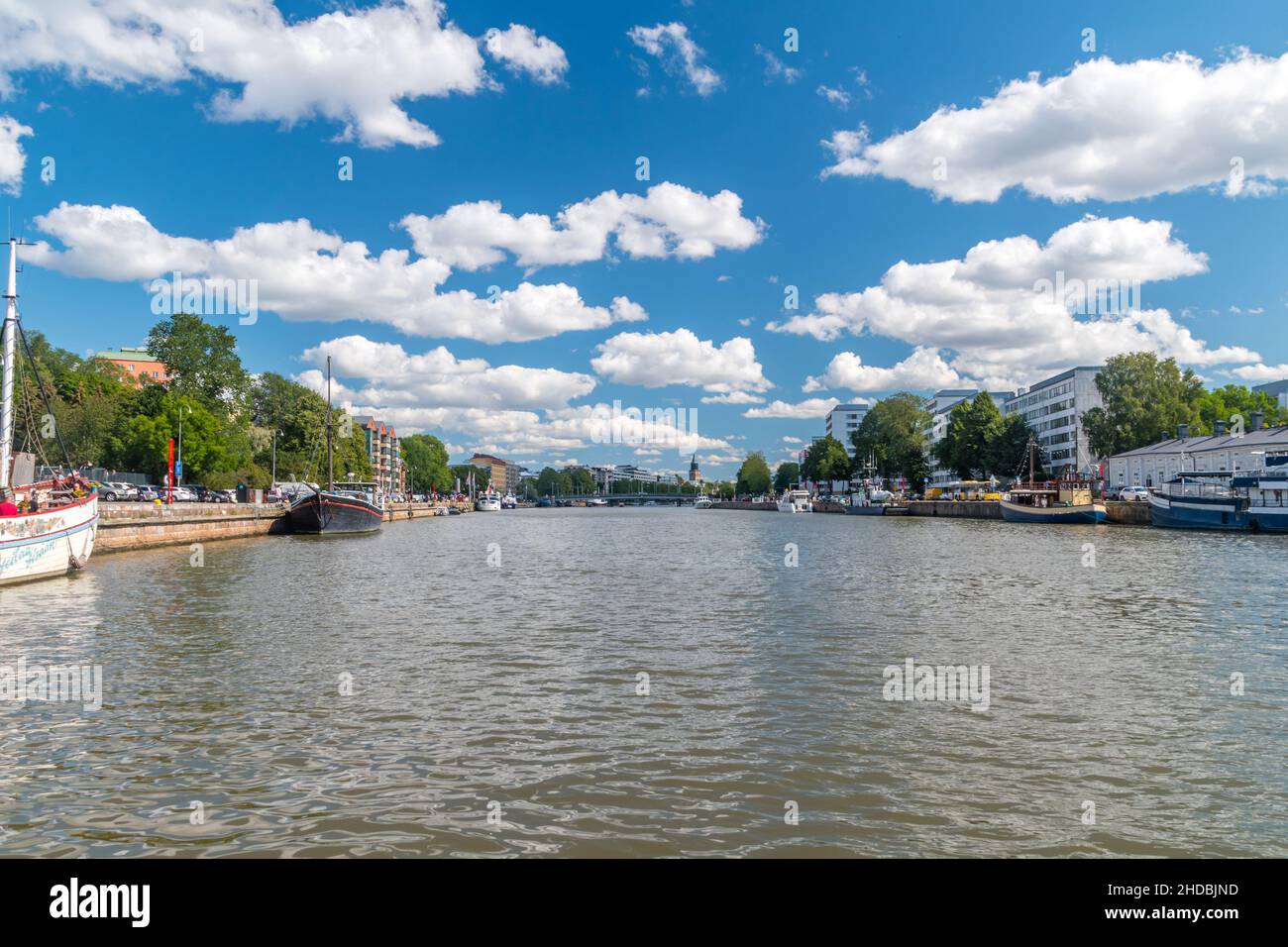 Turku, Finland - August 6, 2021: Beautiful summer view on Aura River (Finnish Aurajoki). Stock Photo