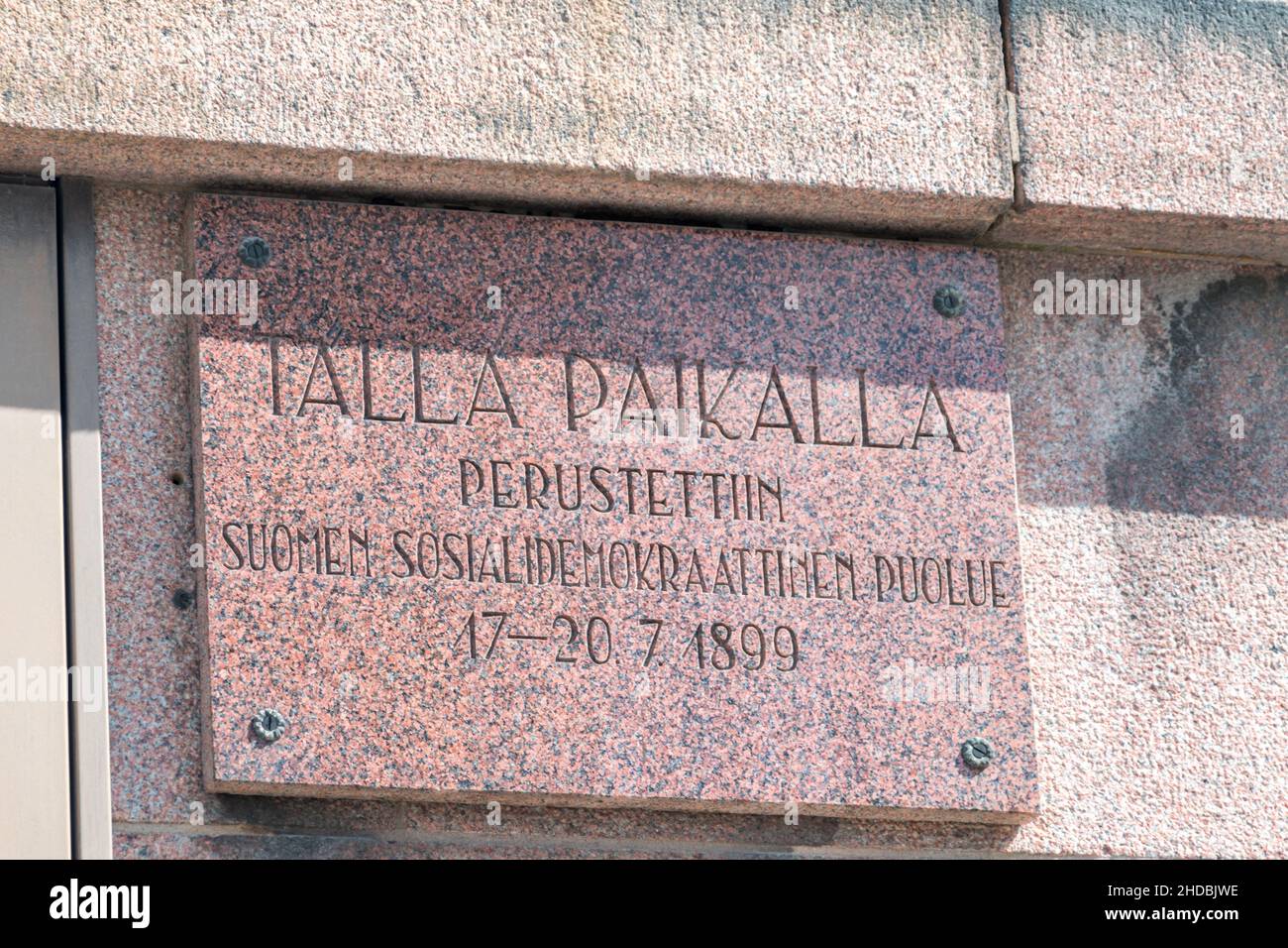 Turku, Finland - August 6, 2021: Plaque informing about place founded of Finnish Social Democratic Party. Stock Photo