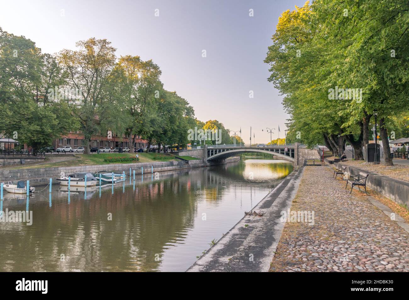 Turku, Finland - August 4, 2021: Beautiful calm view on Aura river at afternoon. Stock Photo