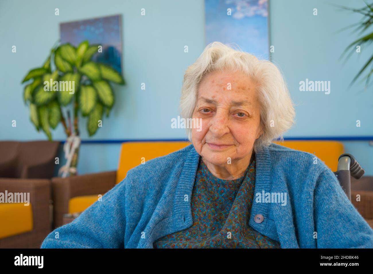 Portrait of old lady smiling and looking at the camera. Stock Photo