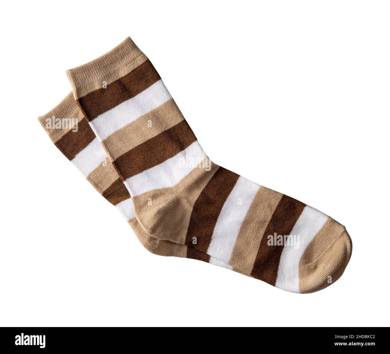 Tall white brown socks isolated on a white background. Pair of stripped multi-colored cotton socks close-up. Hosiery design element for active lifesty Stock Photo