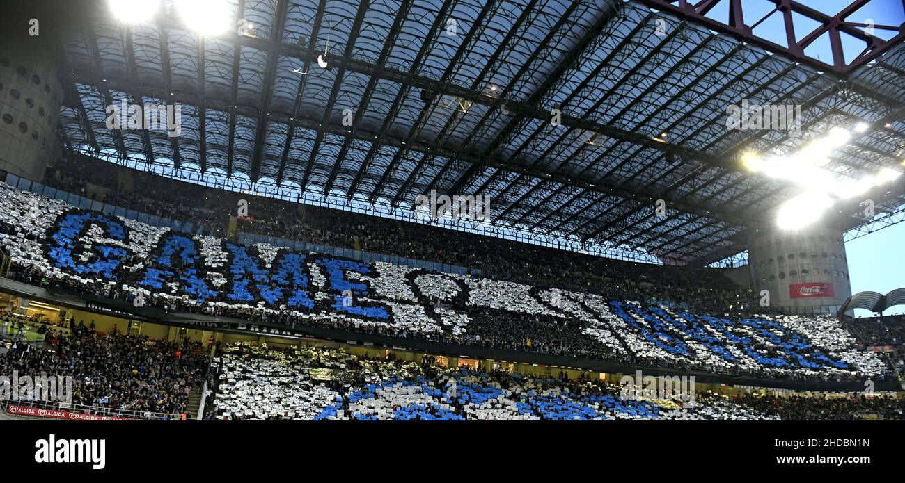 Inter Milan's football fans at the San Siro stadium, in Milan. Stock Photo