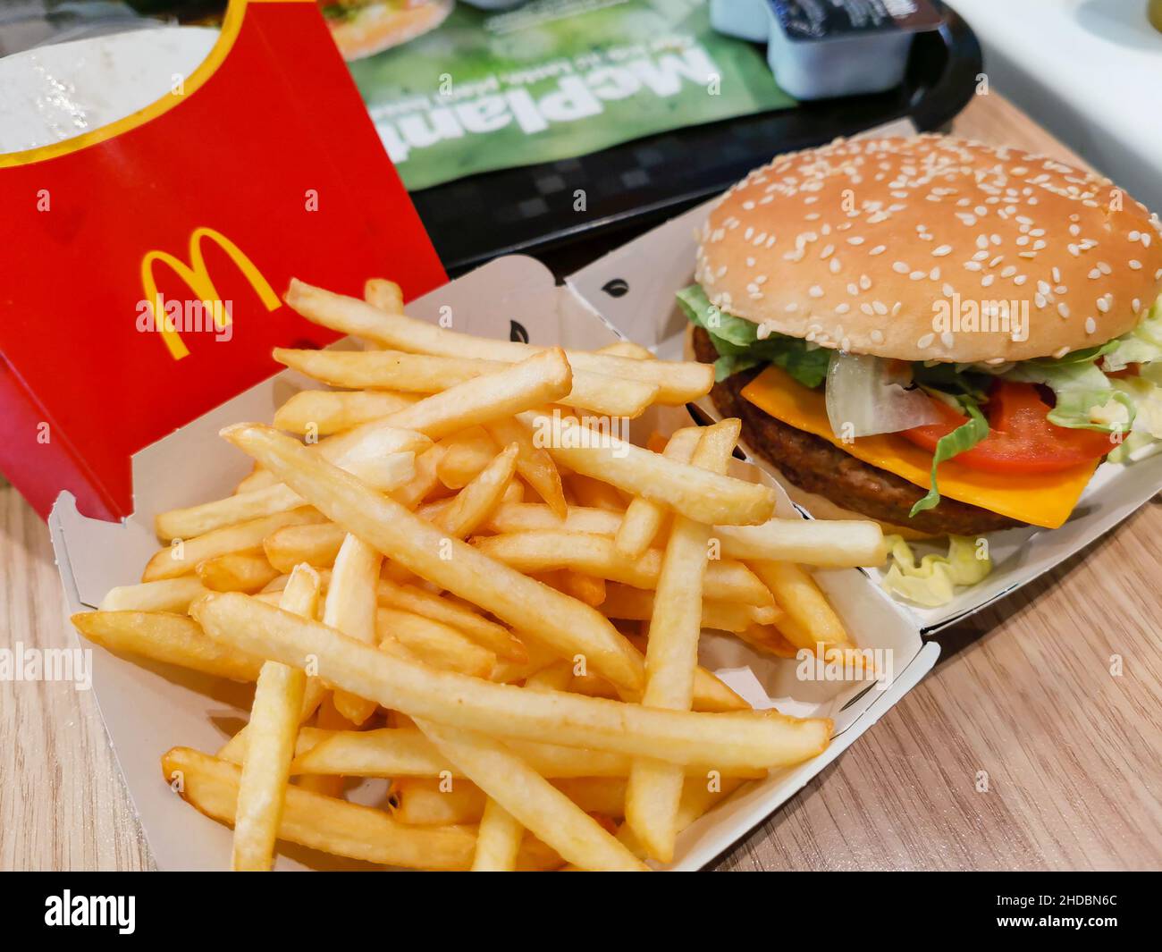 Torquay, UK. 05th Jan, 2022. McDonald's launches the McPlant fully vegan  burger. At 429 kcl it's a vegan burger made with a plant-based patty  co-developed with Beyond Meat and a vegan alternative