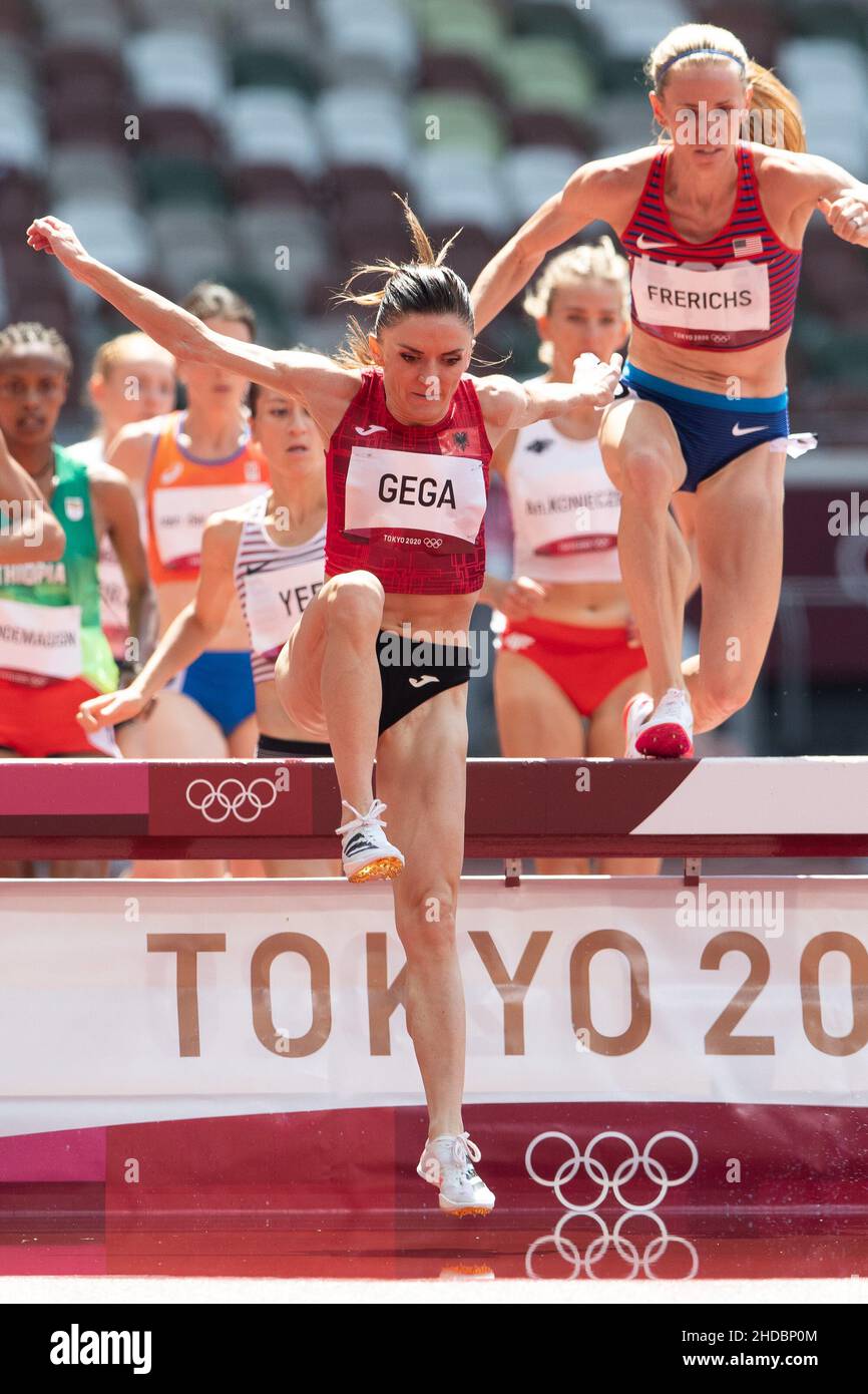 August 01, 2021: Luiza Gega of Albania competes in the heats of the Women's 3000m Steeplechase during Athletics competition at Olympic Stadium in Tokyo, Japan. Daniel Lea/CSM} Stock Photo
