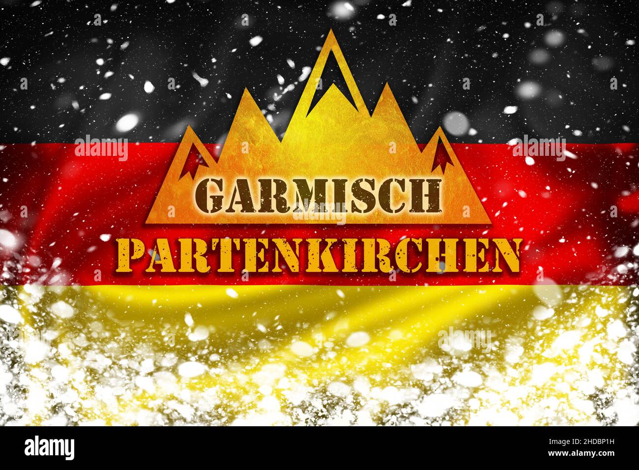 Garmisch-Partenkirchen banner illustration on German flag and snow layer, famous ski destination in Alps, Germany Stock Photo