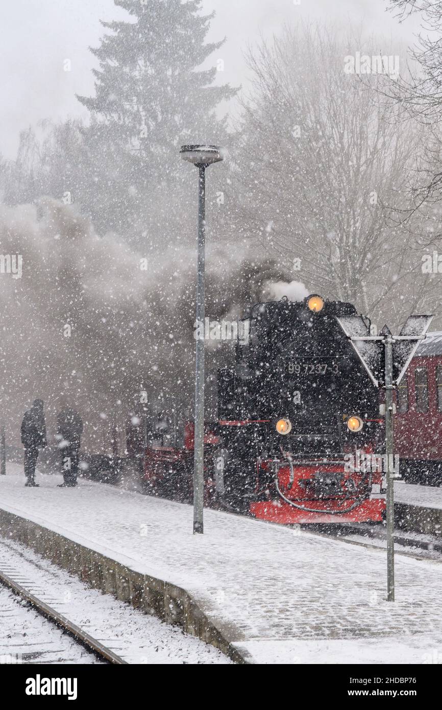 Drei Annen Hohne, Germany. 05th Jan, 2022. A train of the Harzer Schmalspurbahnen (HSB) stands in heavy snowfall at Drei Annen Hohne station. At noon, it had begun to snow in the higher elevations of the Harz Mountains. On the Brocken, the highest mountain of the Harz, it stormed. During the whole day and the following night, it may snow again and again in the upper regions of the central mountain range. It will also remain stormy. Credit: Klaus-Dietmar Gabbert/dpa-Zentralbild/ZB/dpa/Alamy Live News Stock Photo