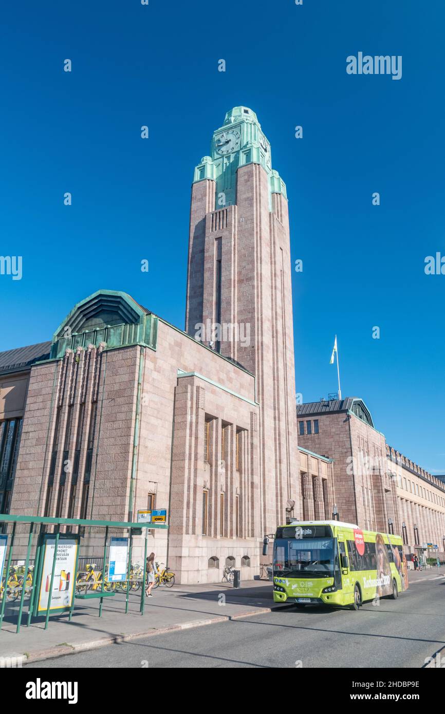 Helsinki, Finland August 5, 2021 Clock tower of Helsinki Central