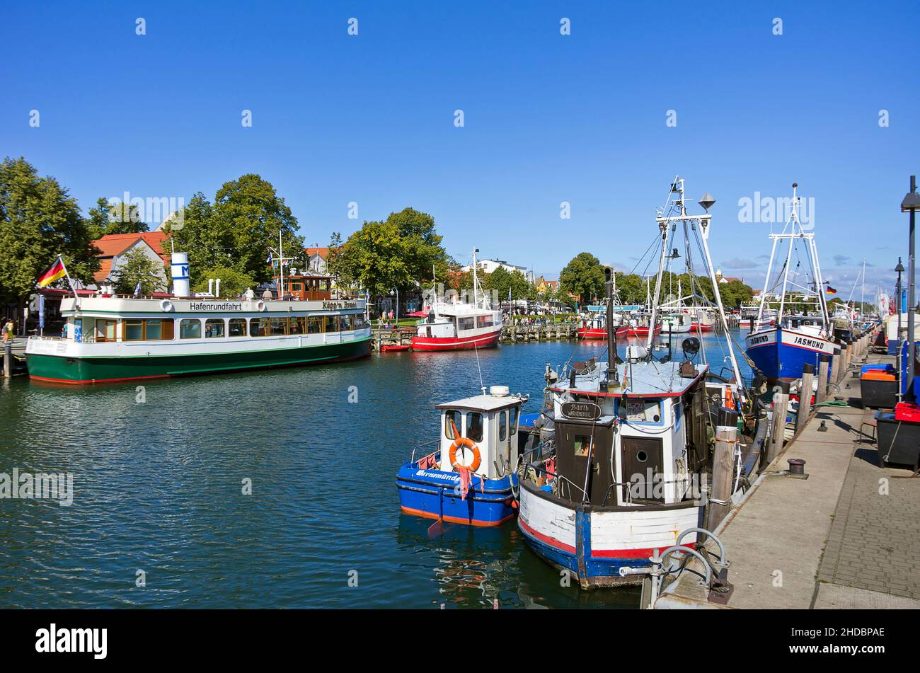 Fishing cutters and excursion boats at Alter Strom in Rostock-Warnemünde, Mecklenburg-Western Pomerania, Germany, August 26, 2014. Stock Photo