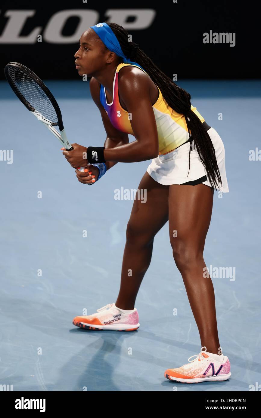Adelaide, Australia, 5 January, 2022. Coco Gauff of United States during  the WTA singles match between Ash Barty of Australia and Coco Gauff of  United States on day three of the Adelaide