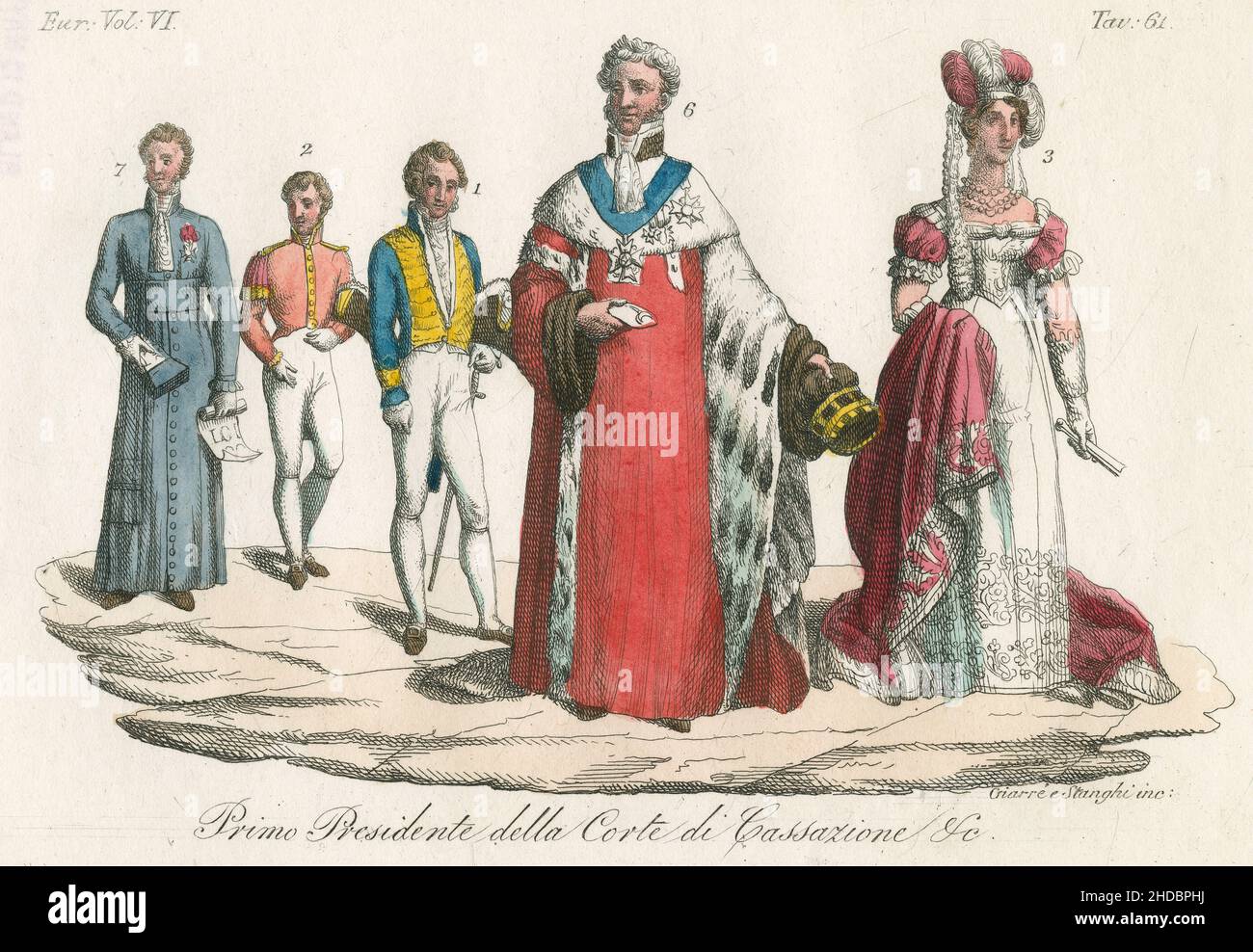 Antique c1830 hand-tinted engraving, fashions of the French court circa 1820. From l to r, (7) Guard of the seal of the Ministry of Justice, (2) Page, (1) 1st gentleman of the bedchamber, (6) President of the Court of Appeals, and (3) Court lady. Published by Giulio Ferrario. SOURCE: ORIGINAL ENGRAVING Stock Photo