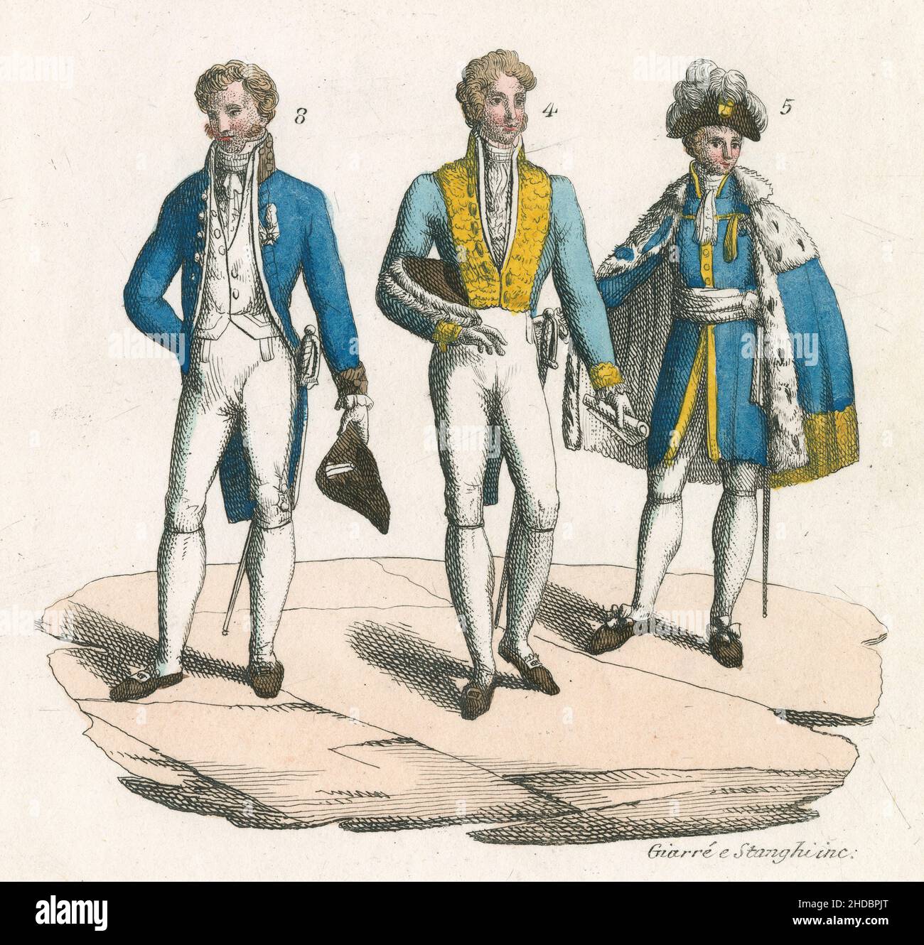 Antique c1830 hand-tinted engraving, fashions of the French court circa 1820. From l to r, (8) Deputy and (4+5) Peers of France in ceremonial dress. Published by Giulio Ferrario. SOURCE: ORIGINAL ENGRAVING Stock Photo