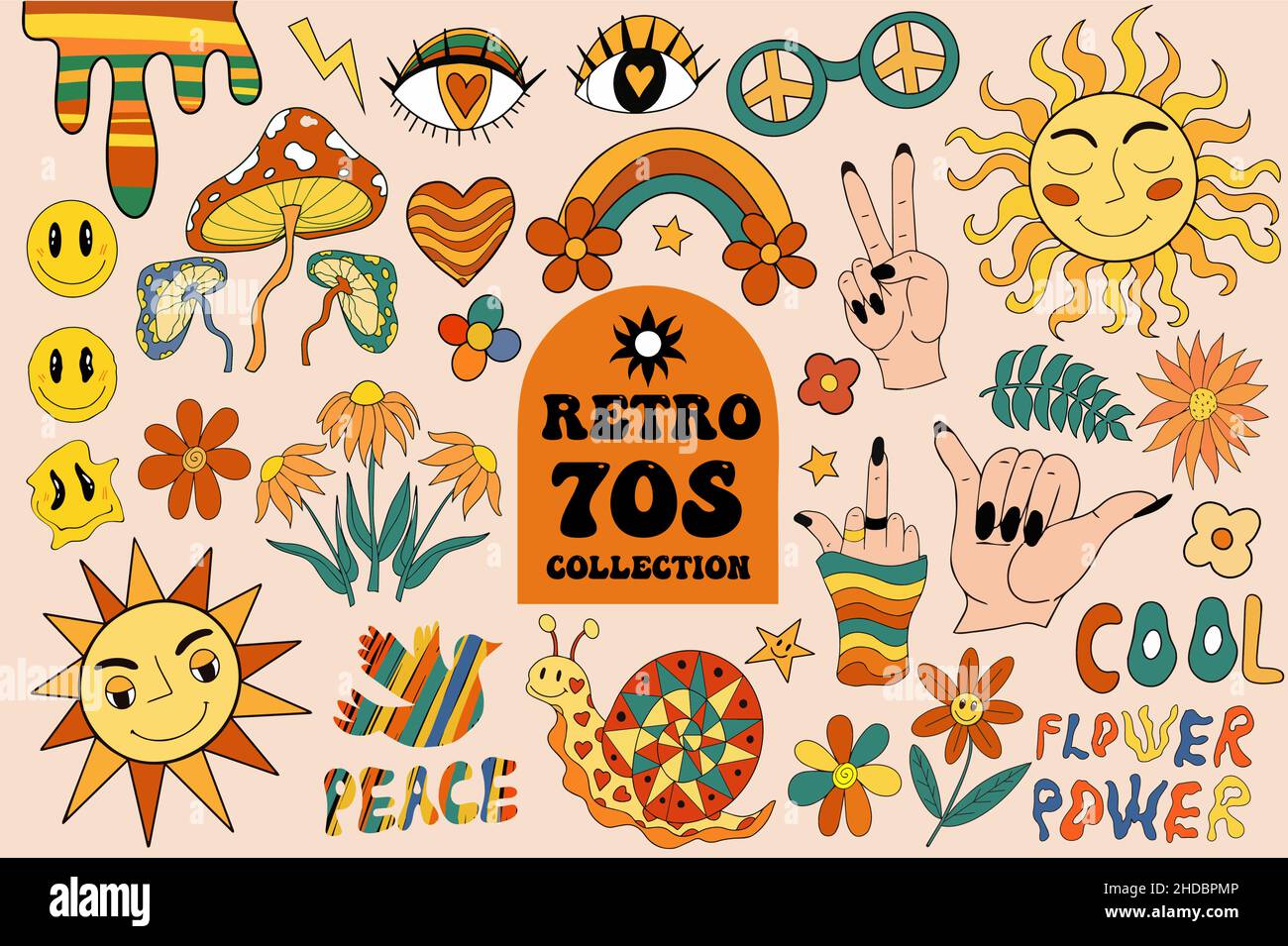 Gelijkenis volgens adviseren Retro 70s vibe, hippie stickers, psychedelic groovy elements. Cartoon funky  flowers, rainbow, vintage hippy style element. Vector illustration Stock  Vector Image & Art - Alamy