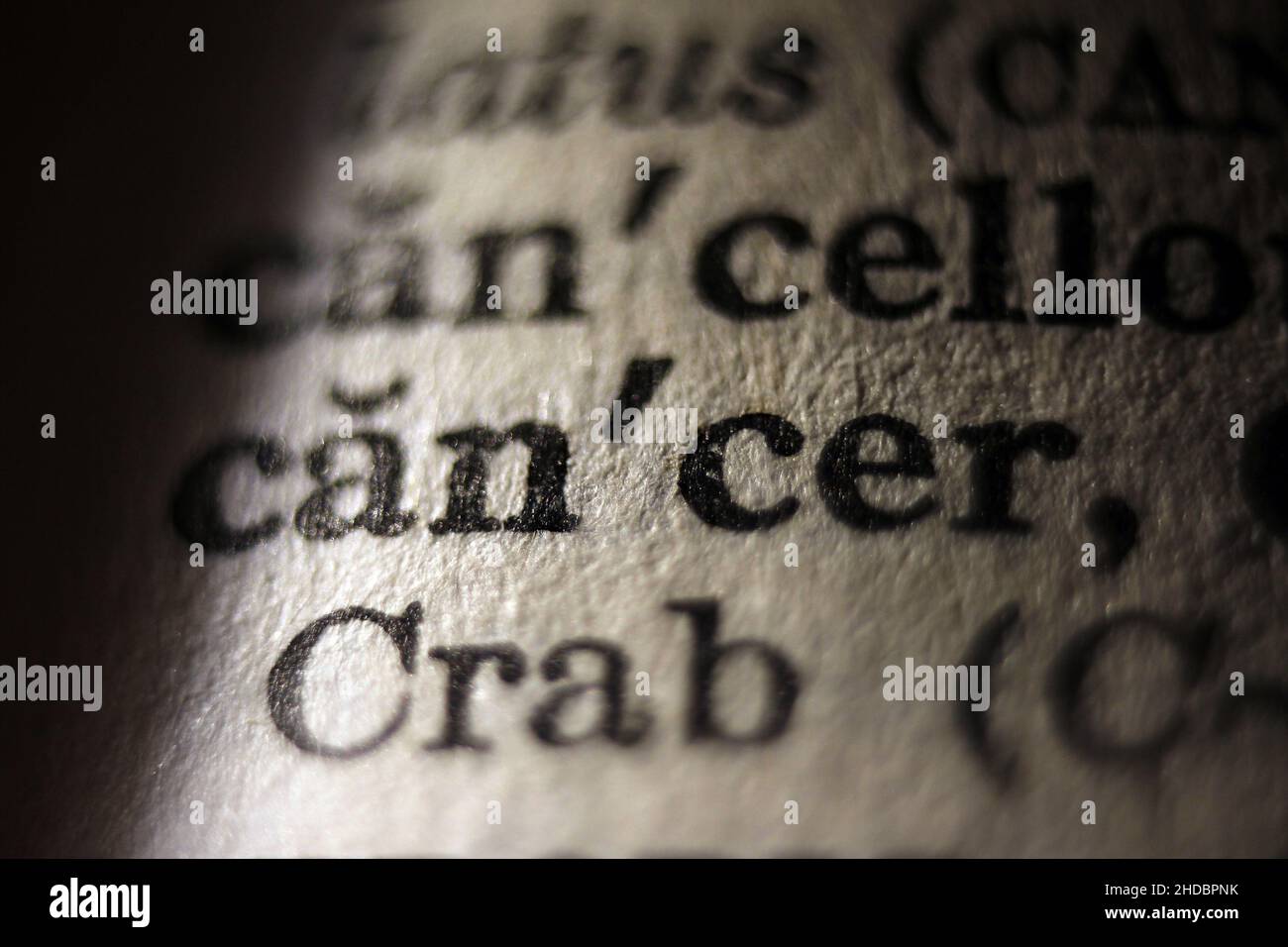 Word 'cancer' printed on book page, macro close-up Stock Photo