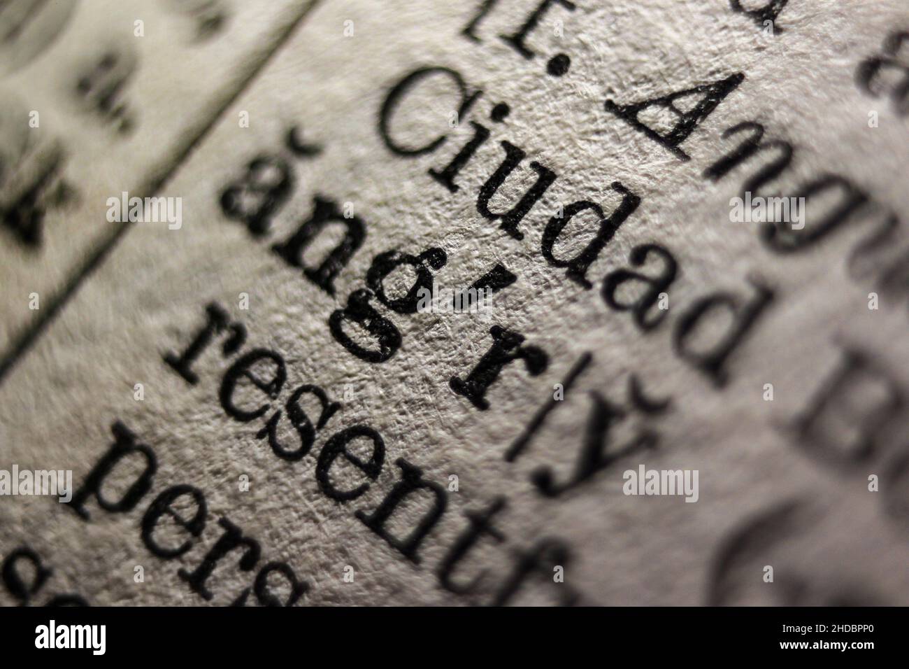 Word 'angry' printed on dictionary page, macro close-up Stock Photo