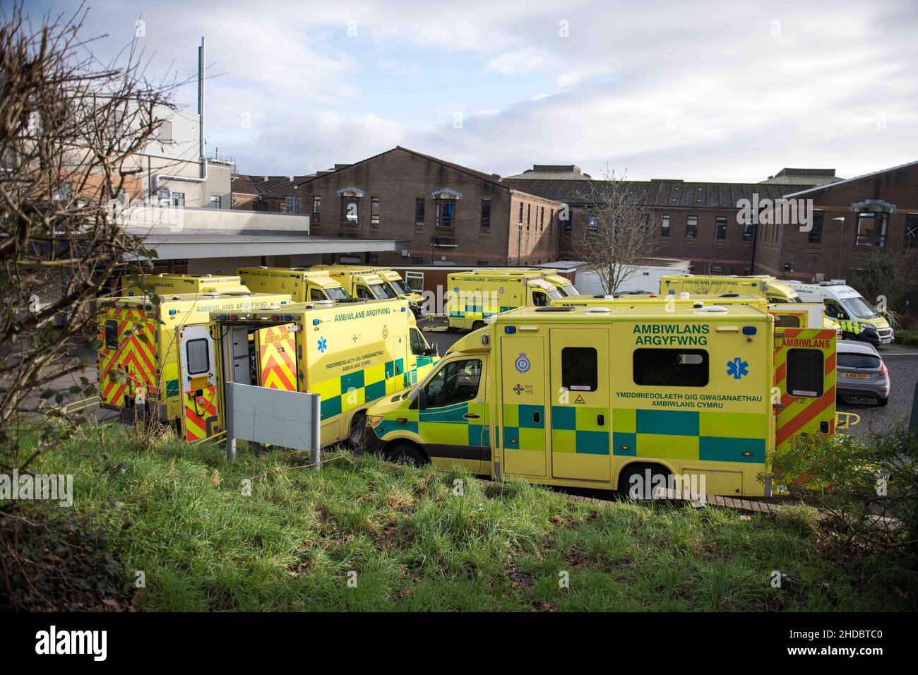 Ambulances, many holding patients, are stacked outside Morriston