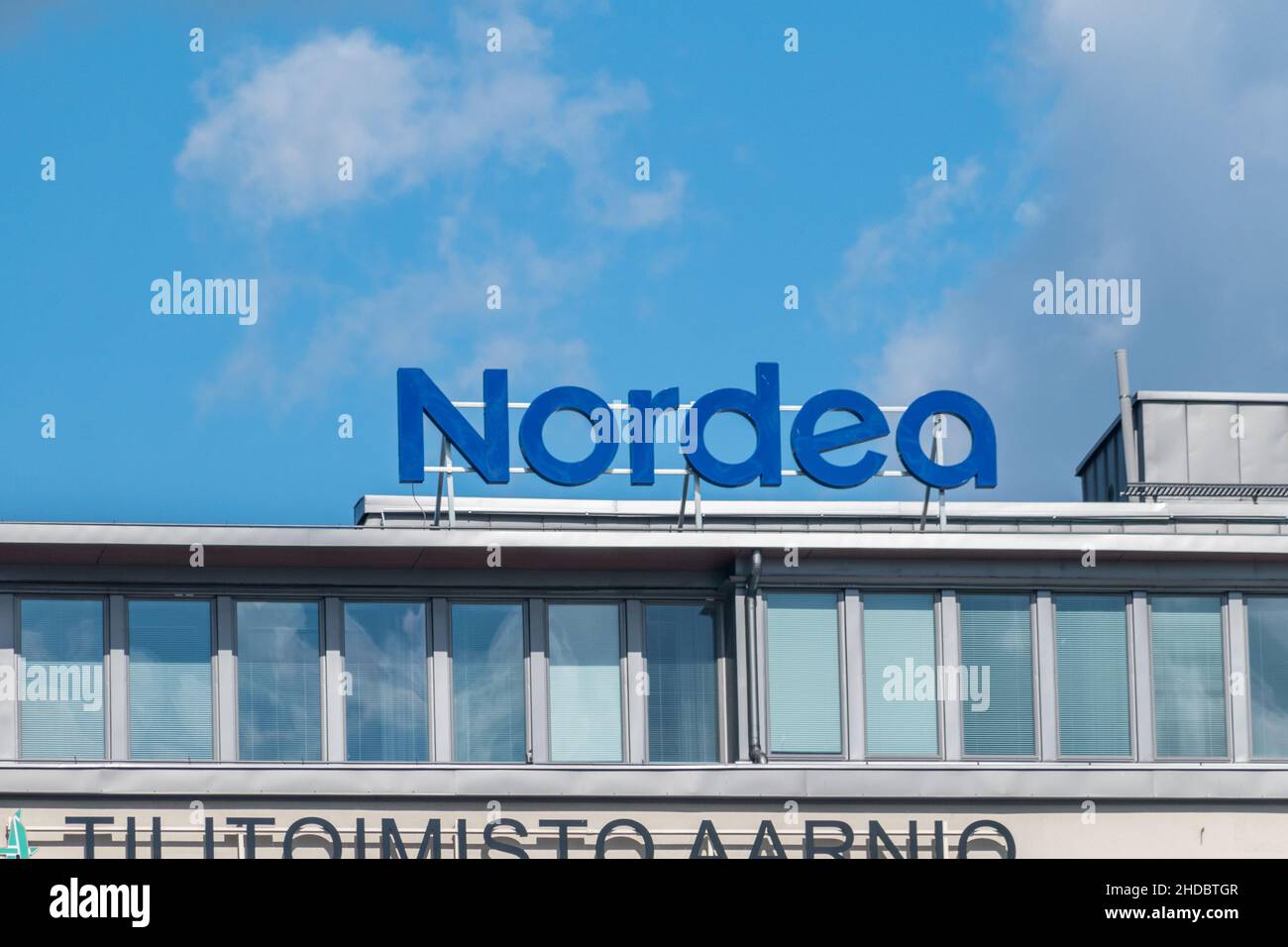 Turku, Finland - August 6, 2021: Logo of Nordea. It is part of Nordea - the largest financial group in the Nordic countries. Stock Photo