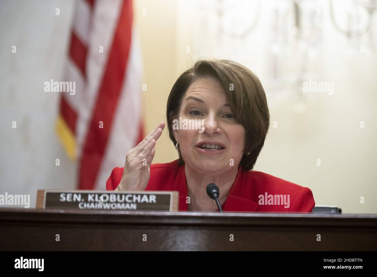 Washington, United States. 05th Jan, 2022. Chairwoman Sen. Amy Klobuchar, D-Minn., speaks during the Senate Rules and Administration Committee hearing to examine the U.S. Capitol Police following the January 6, 2021 attack on the Capitol, one day before the anniversary of the attack in Washington, DC on January 5, 2022. Pool Photo by Tom Williams/UPI Credit: UPI/Alamy Live News Stock Photo