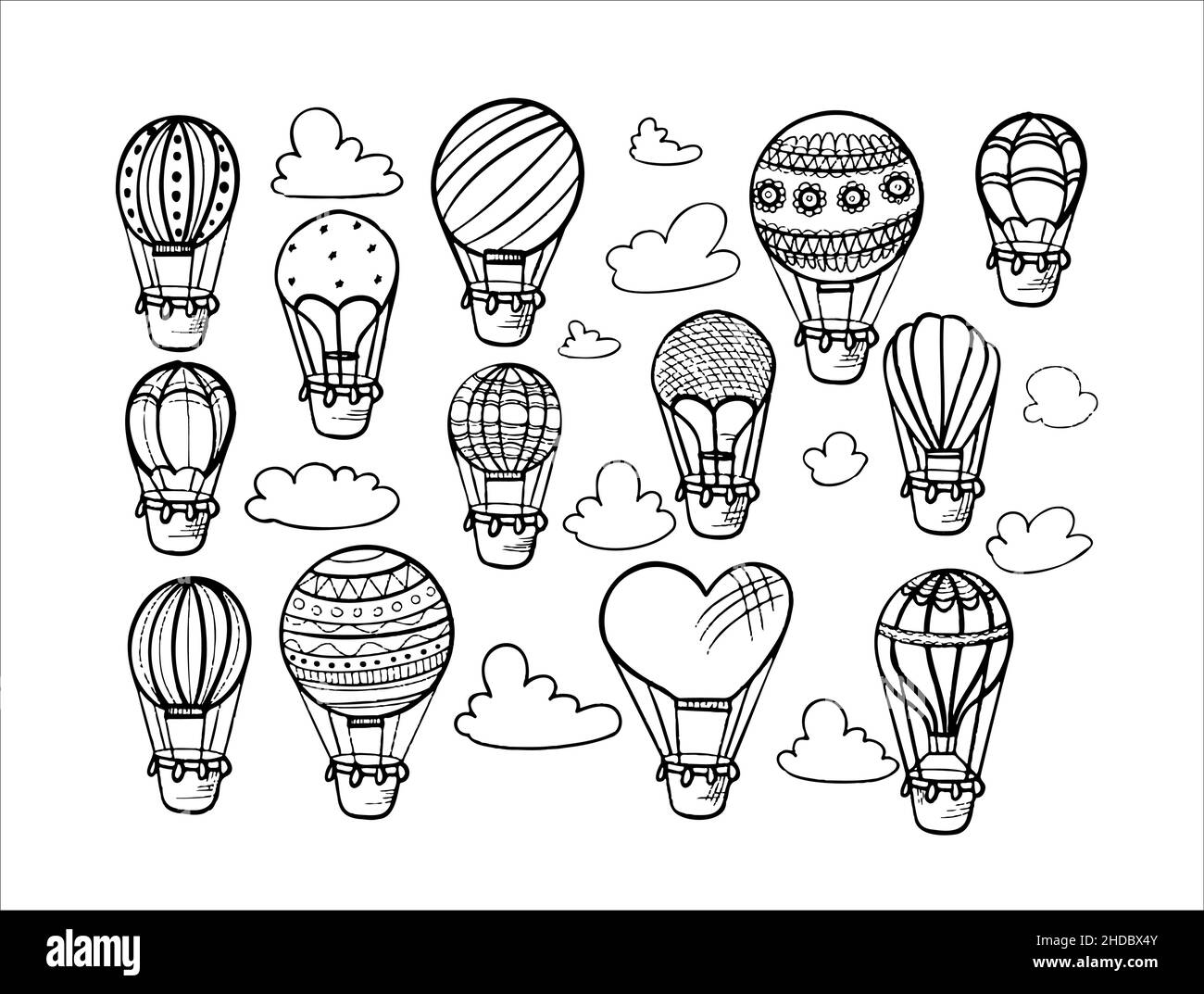 Doodle set of hot air balloons with clouds. hand draw illustration flying vehicles. Romantic balloons. Sky with tourist balloons for flight. Cartoon Stock Vector