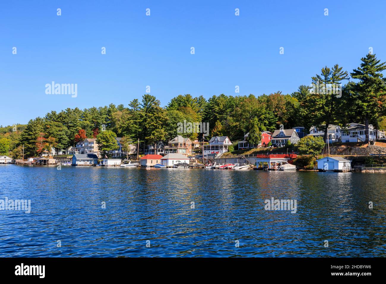 Shoreline houses, properties and moorings at Alton Bay, Lake